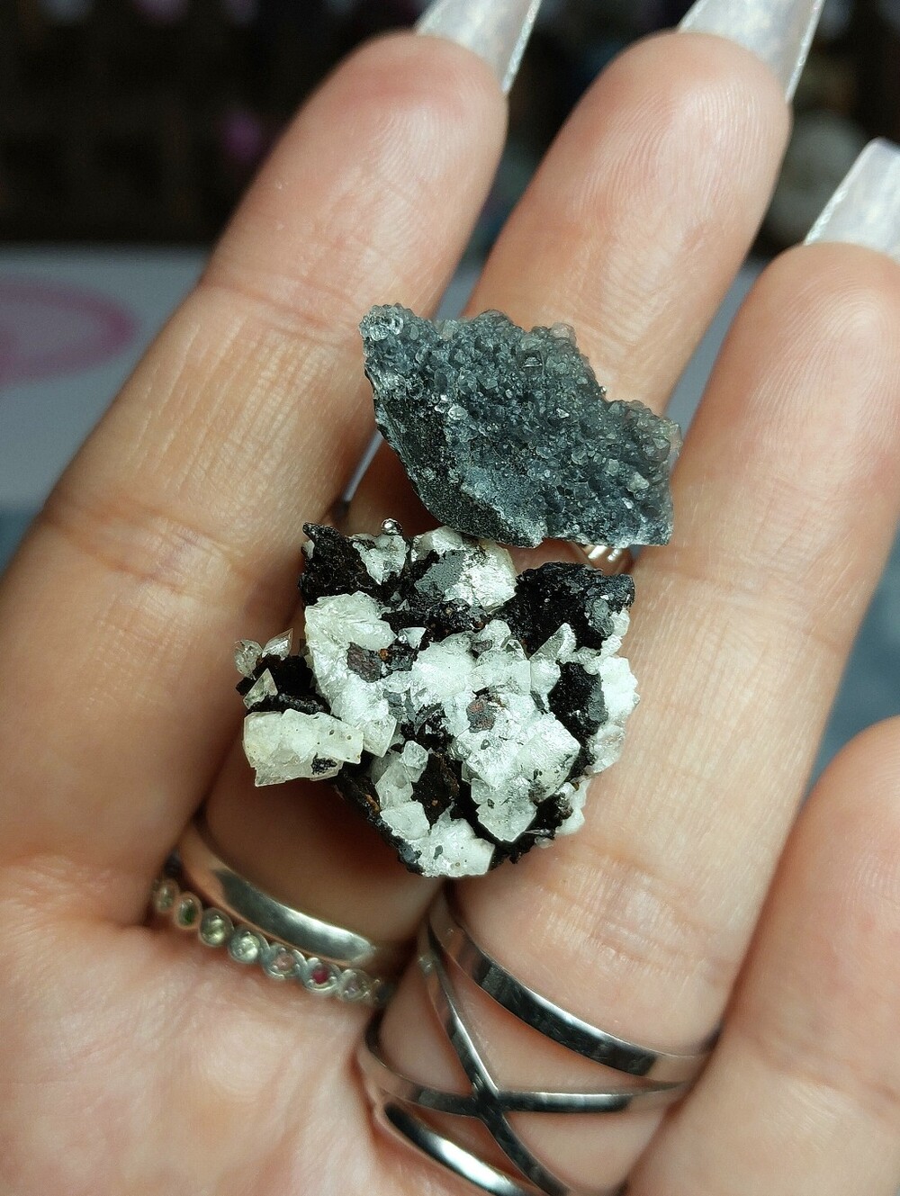 ⚒️ Andradite Garnet W/ Albite On Matrix & Black Amethyst Copper Specimen Ring